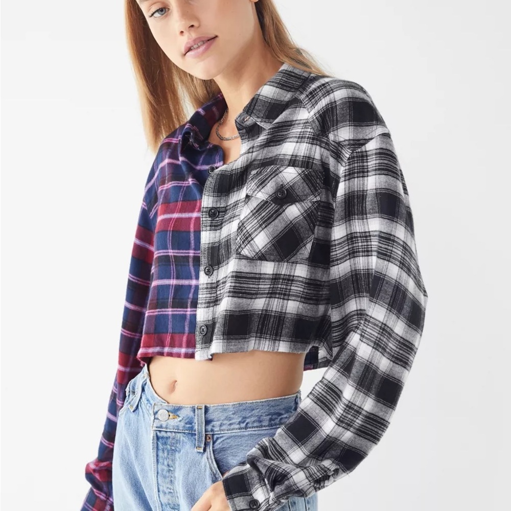 Urban Outfitters Colorblock Plaid Cropped Flannel Shirt Grunge Y2K Size L